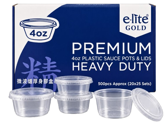 e-lite GOLD Premium 4oz Plastic Sauce Pots & Lids – Heavy Duty