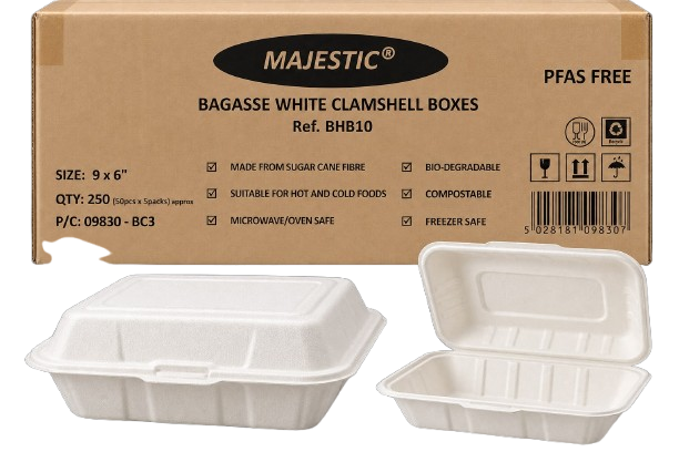 Majestic Bagasse White Clamshell Boxes – 9 × 6″